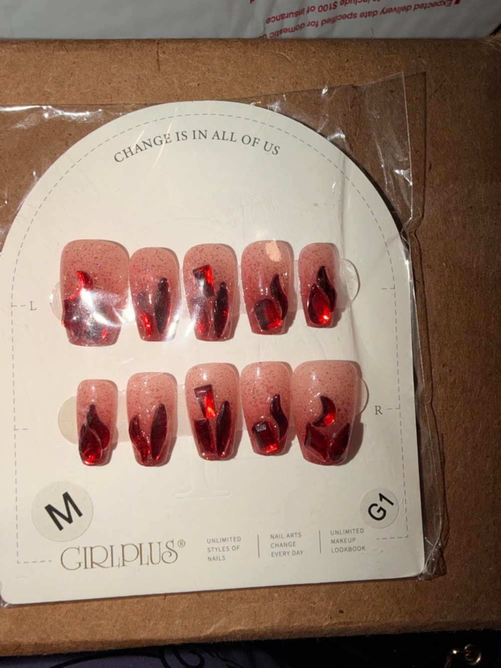 2/$10 Pink & Red stone Press-On Nail Set - Medium